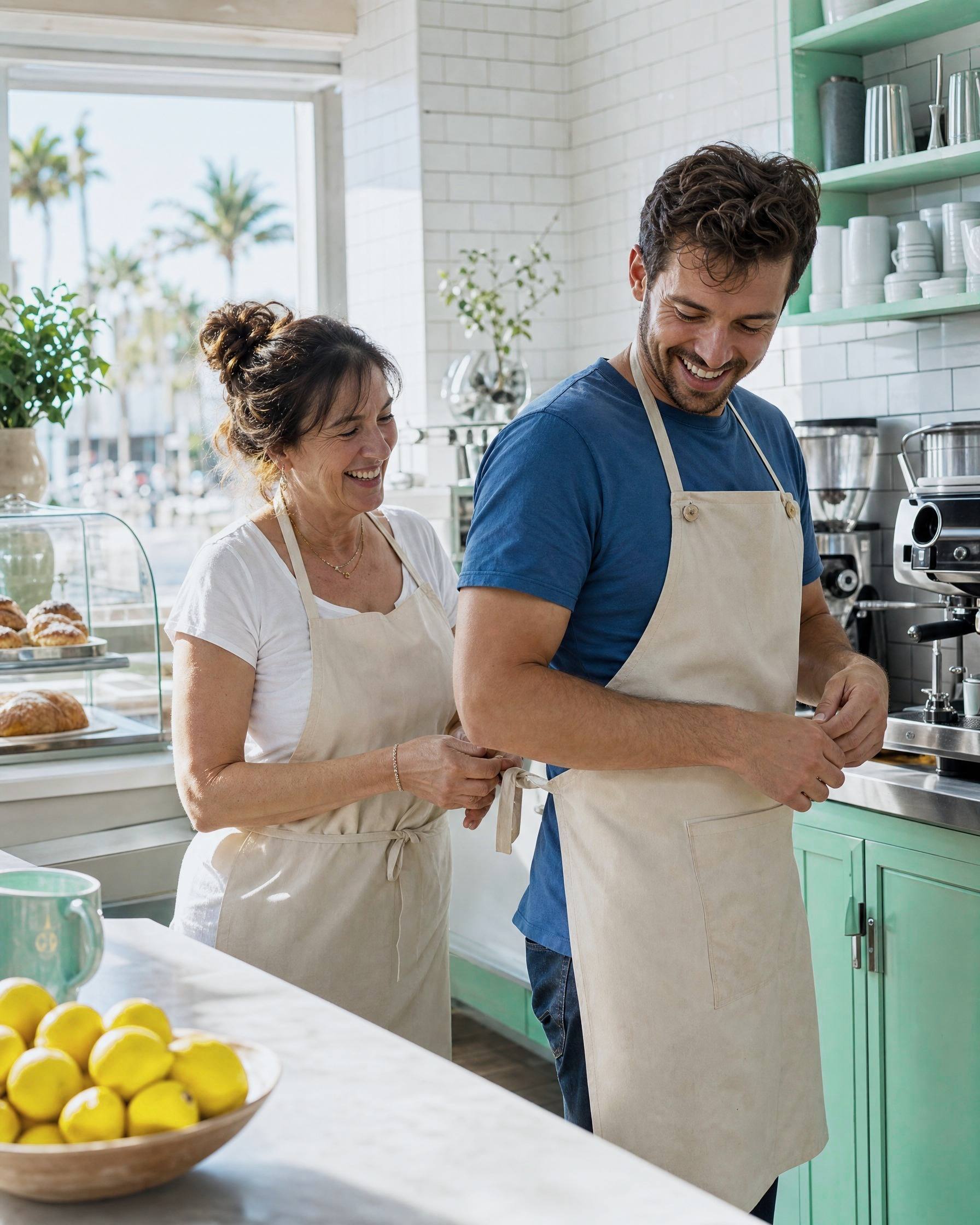 In a sunny café, the owner ties her apron on the new owner as he laughs.