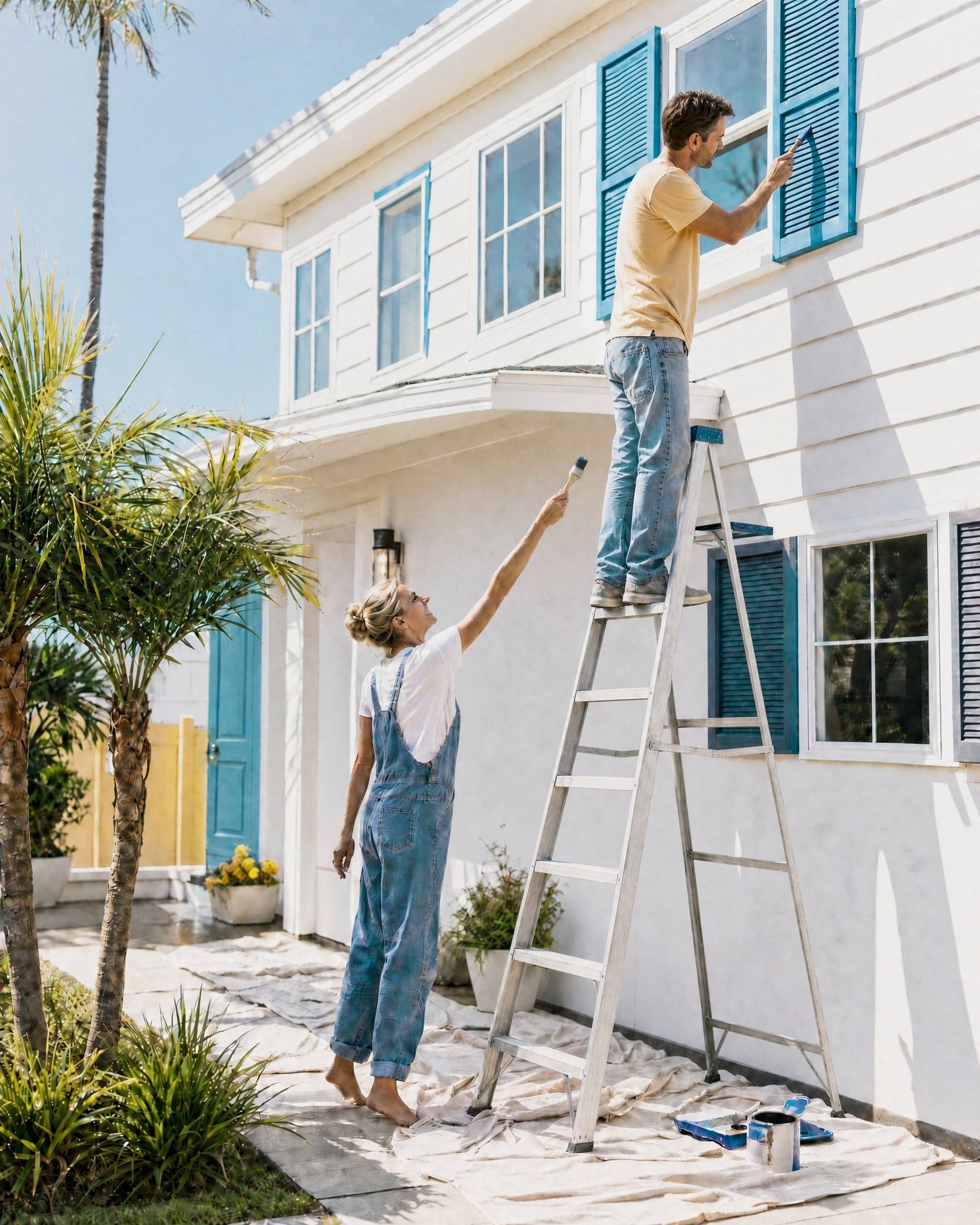 Outside a white two-story rental, a man on a stepladder paints a blue shutter while his partner hands up a clean brush.
