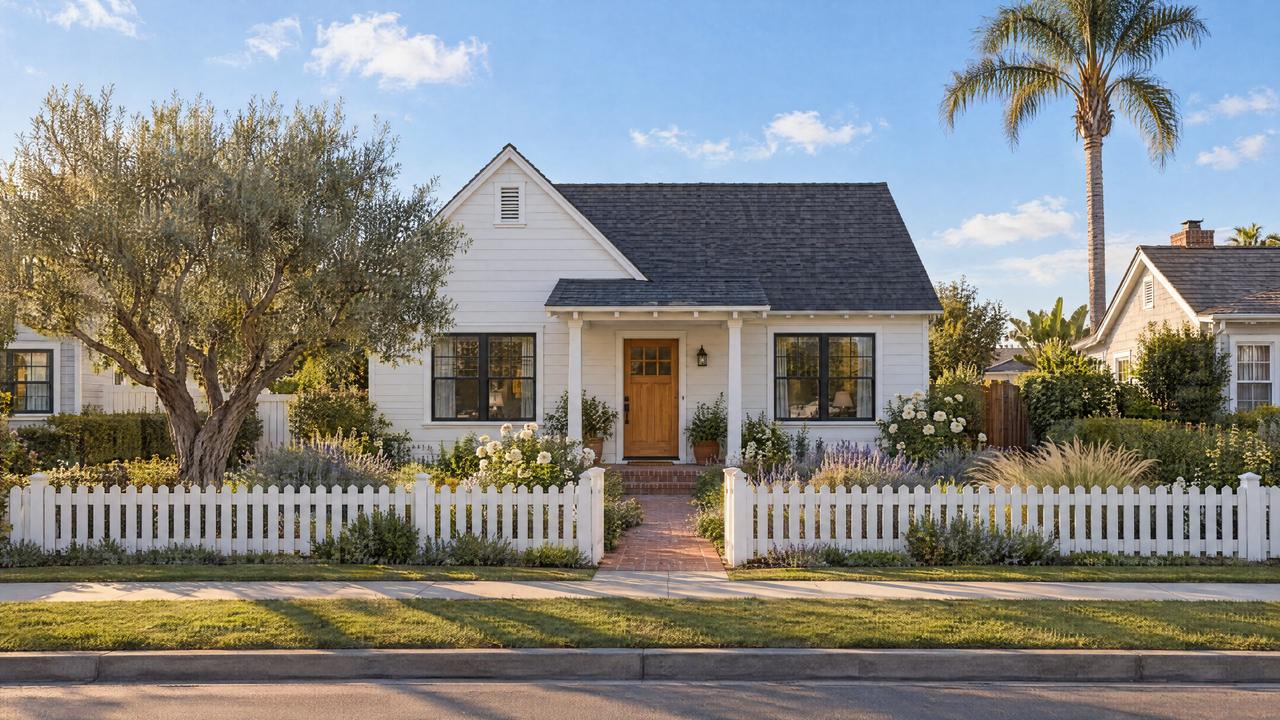 A white cottage with a front porch, a picket fence and an olive tree, in late-afternoon light.
