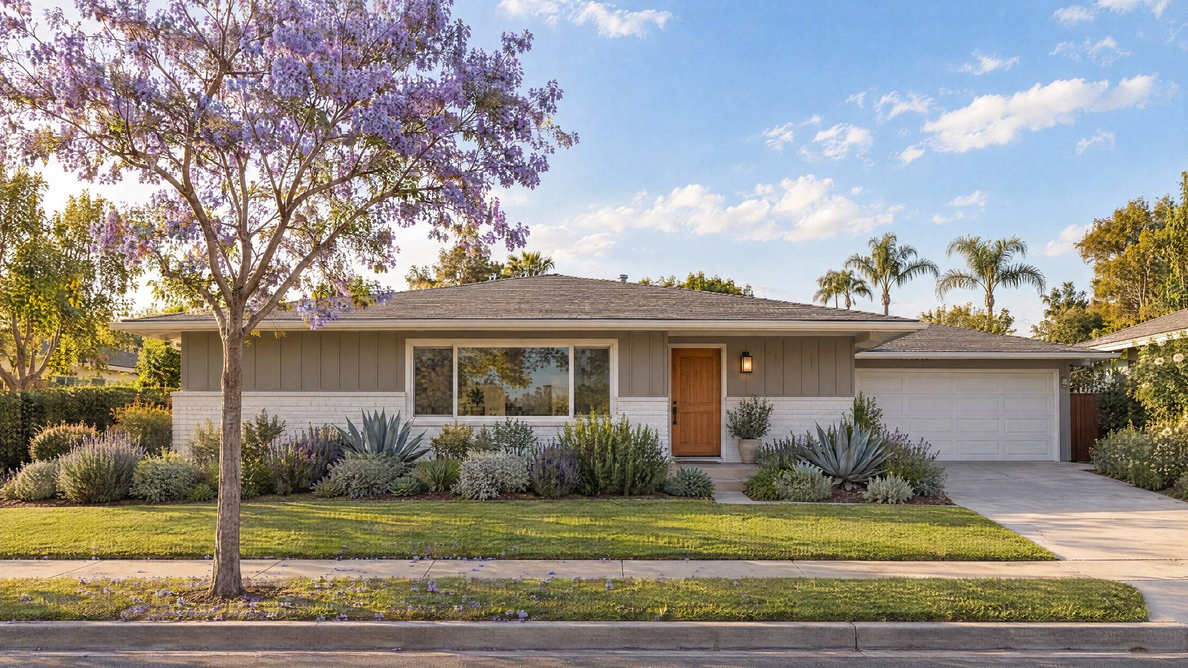 A single-story ranch house with a jacaranda tree in bloom by the curb.