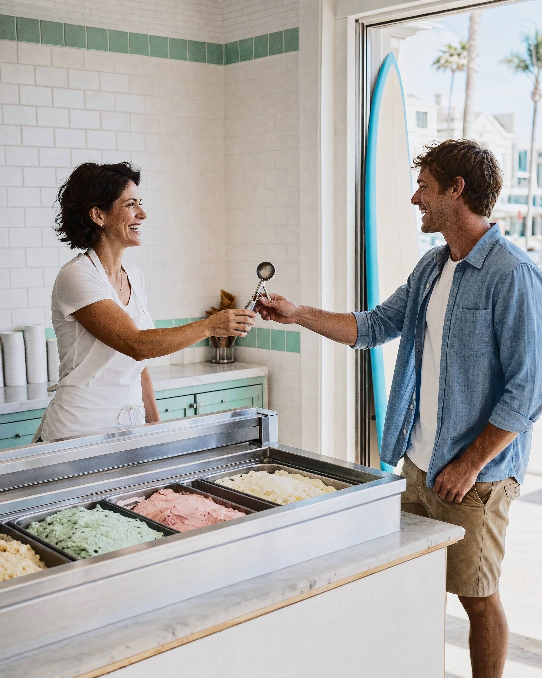 In a beach ice cream shop, the owner hands her scoop across the counter to the man taking over.