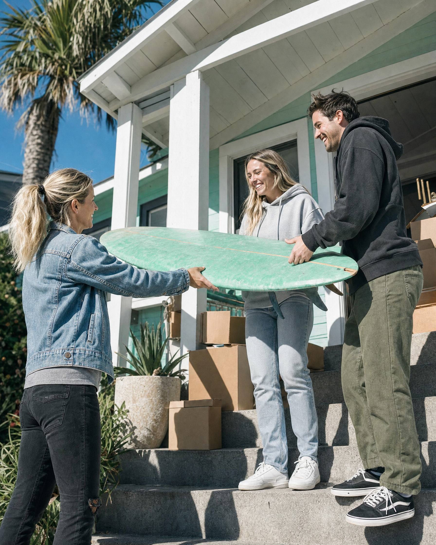 On the steps of a beach cottage, a seller hands a mint longboard to the young couple buying the house.