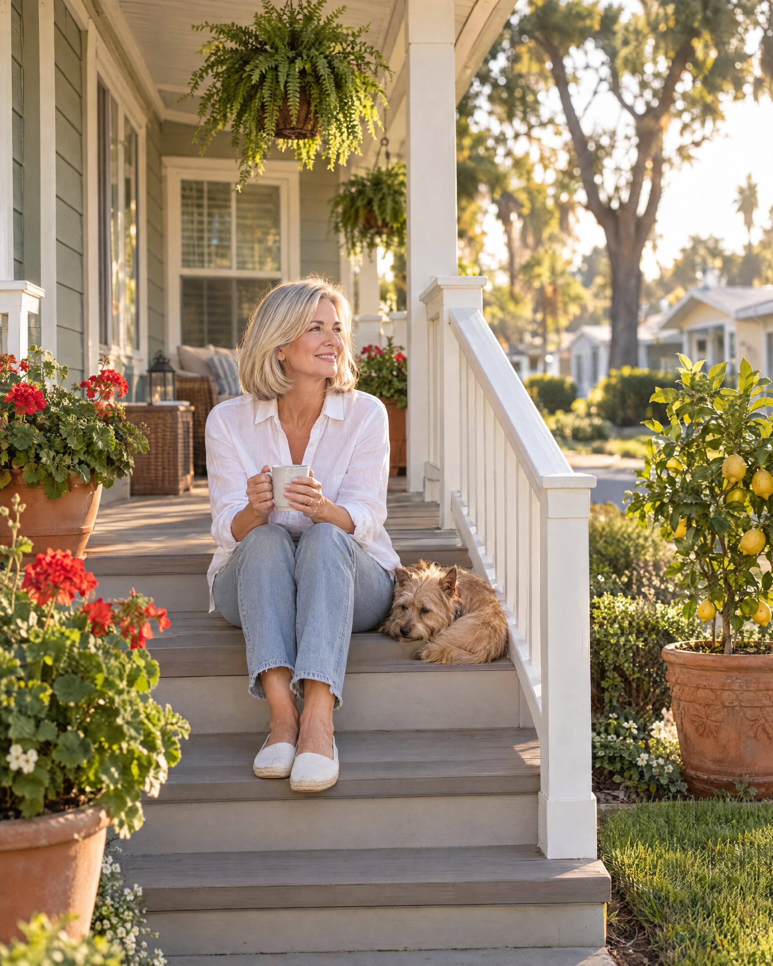 A woman sits on the front steps of her manufactured home with a cup of coffee, her small dog beside her.