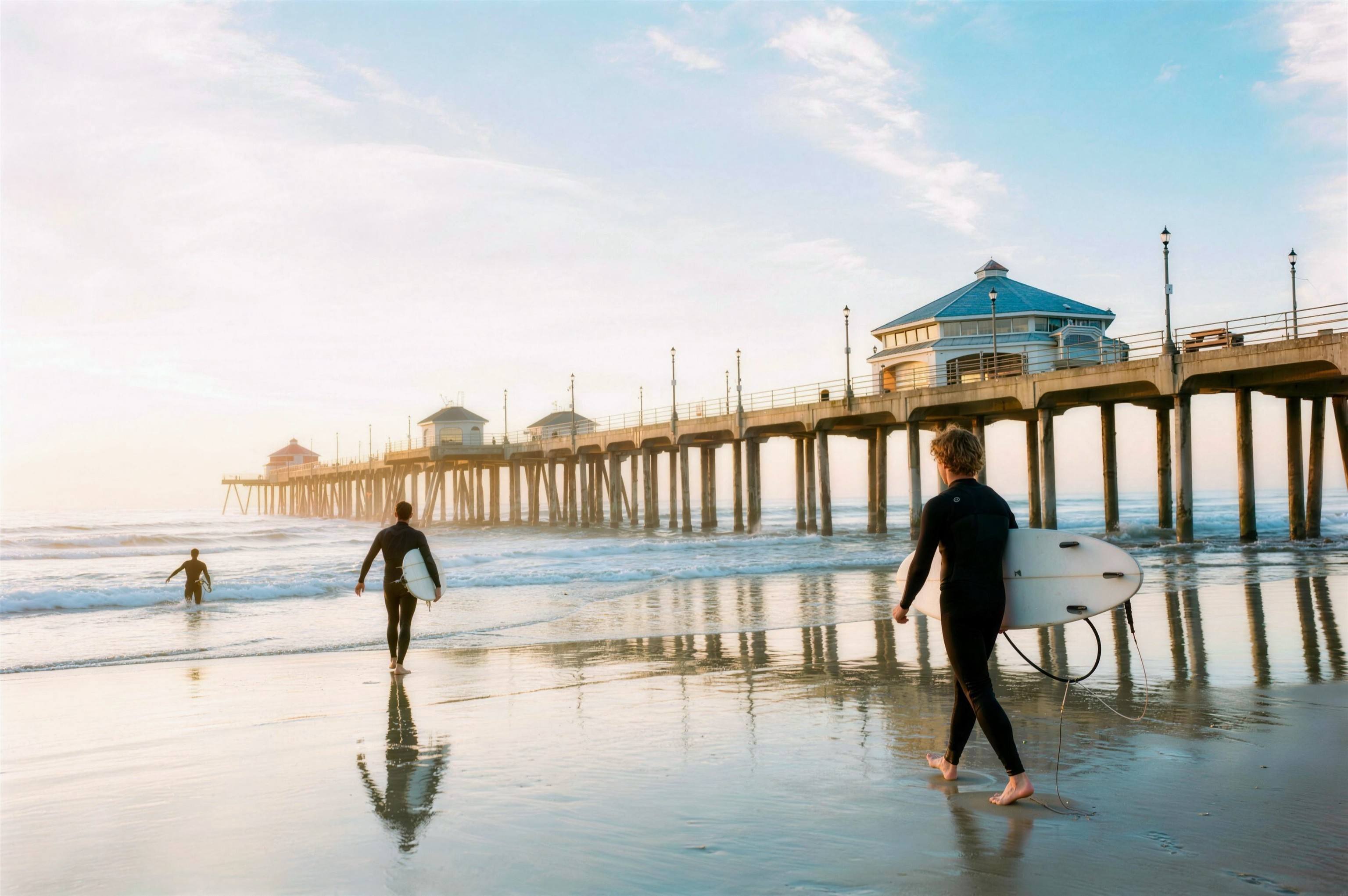 Surfers walk out at sunrise beside the Huntington Beach pier.