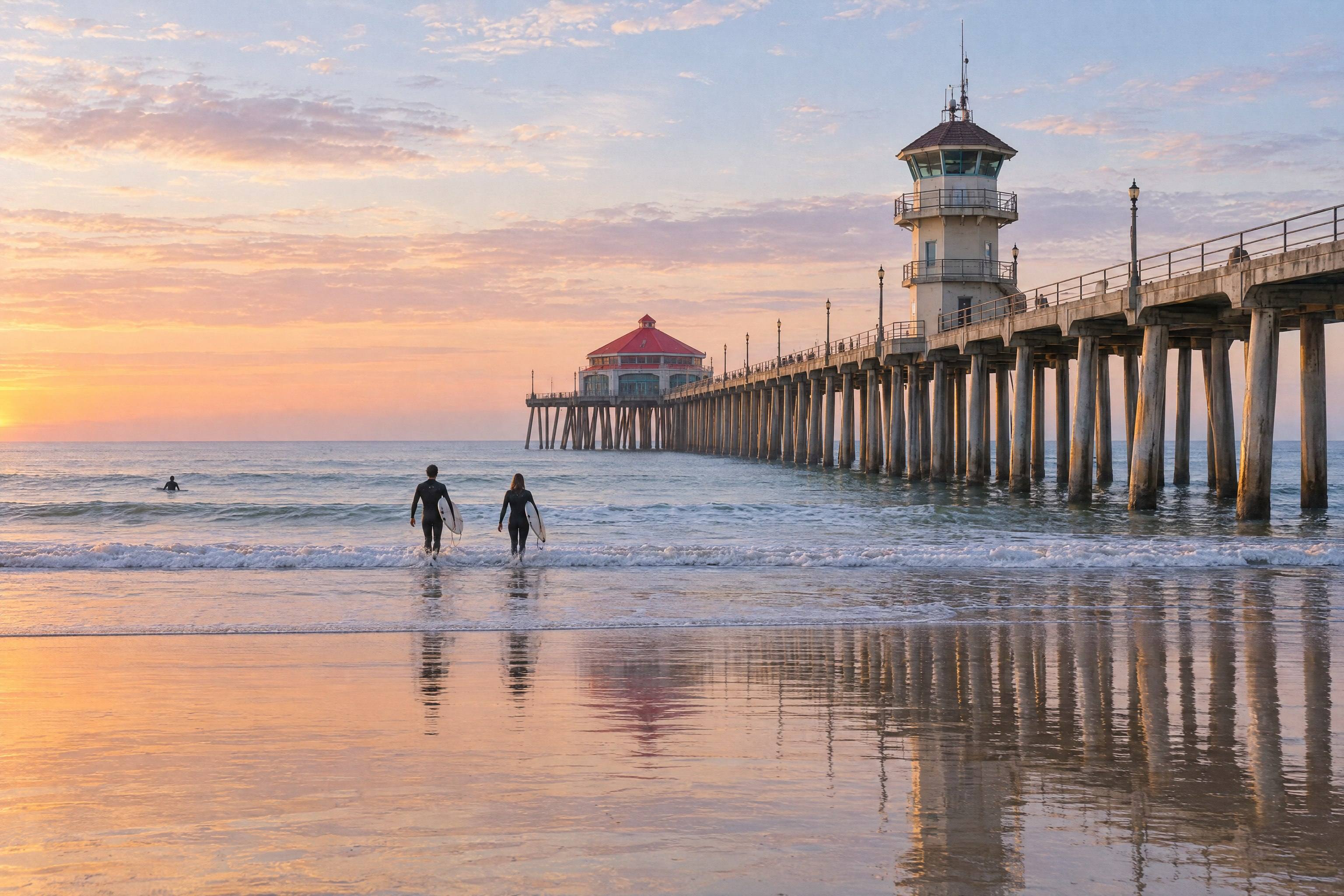 Surfers walk into the water at sunset beside the Huntington Beach pier.