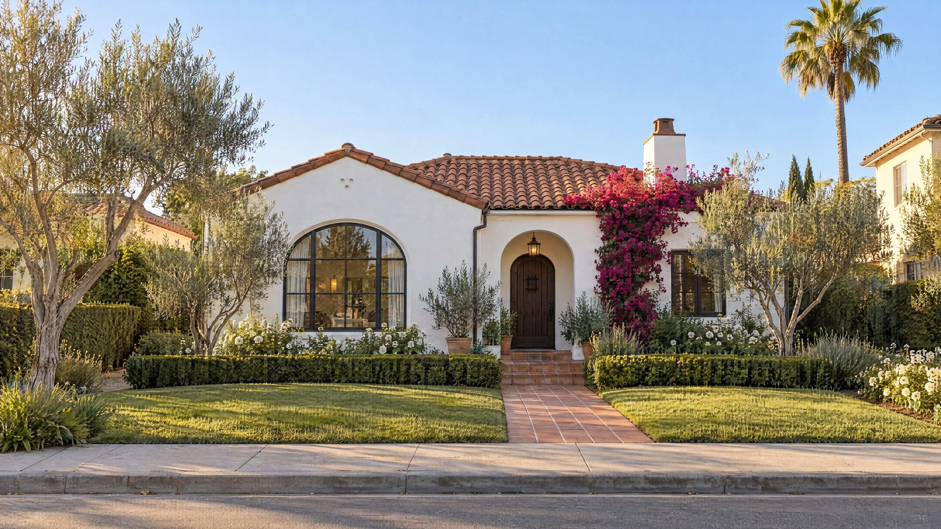 A white Spanish-style house with a tile roof and bougainvillea by the front door.