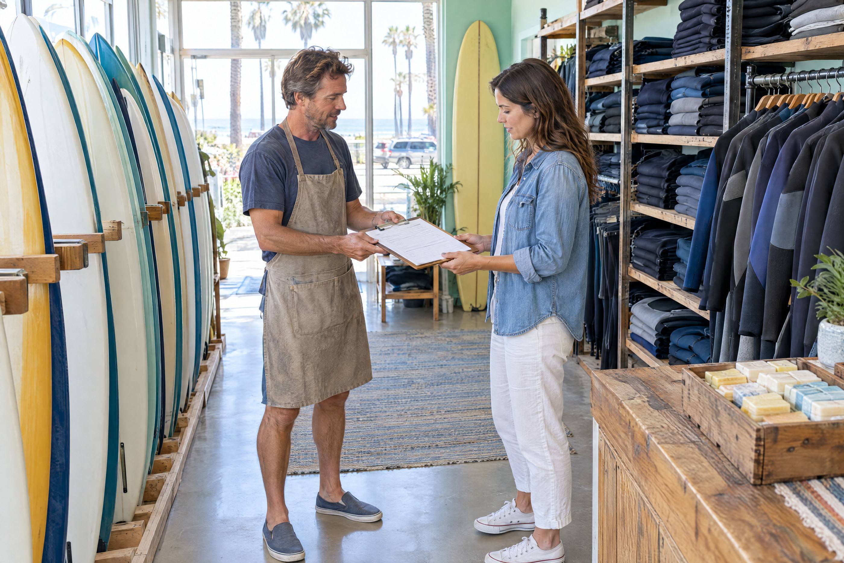 In a surf shop on Main Street at opening time, the outgoing owner hands the new owner a clipboard with the inventory count.